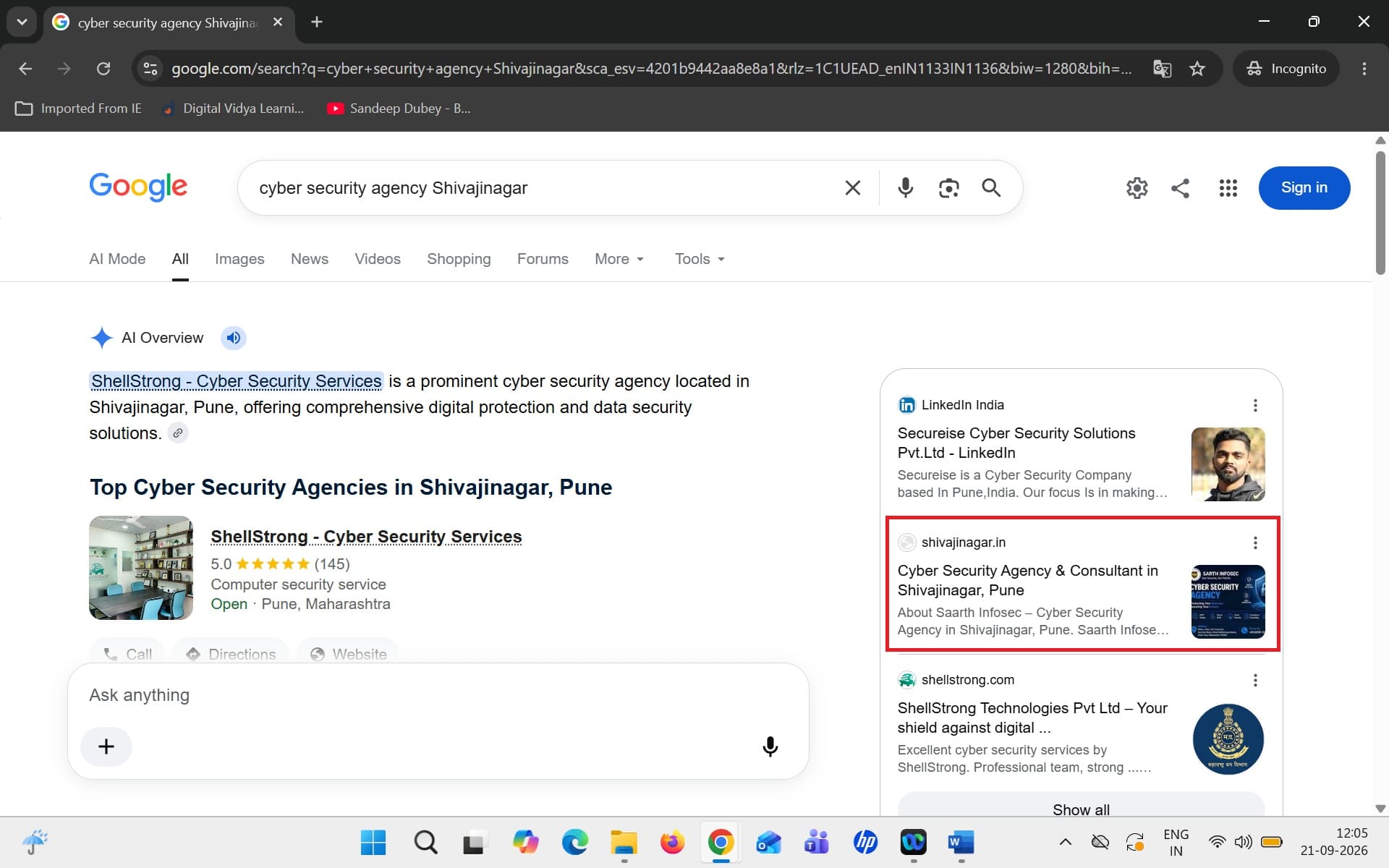 Shivajinagar.in Saarth Infosec listing shown as a source in an AI-assisted Google result