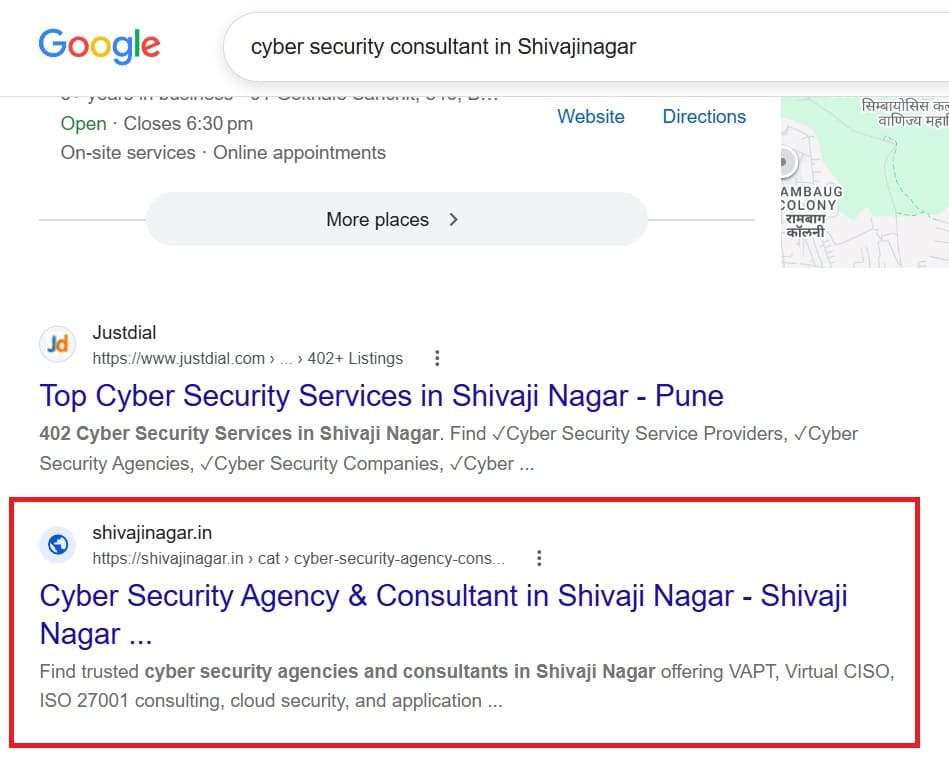 Shivajinagar.in appearing in Google results for cyber security consultant in Shivajinagar